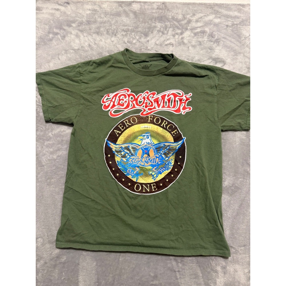 Aerosmith T-Shirt Mens Large Green Aero Force One Graphic Band Tee Rock Concert